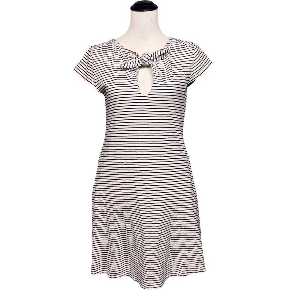 Onze Montreal Dress Womens M Blue White Striped Keyhole Tie Nautical Parisian